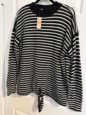 LOFT Black and White Striped Tie-Hem Sweater